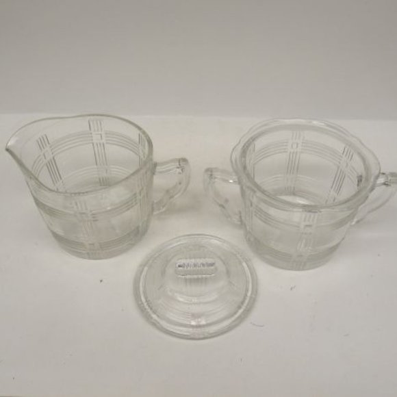 Hazel Atlas Crystal CRISS CROSS CRISSCROSS Creamer, Sugar Bowl and Lid - Scarce - Picture 3 of 4